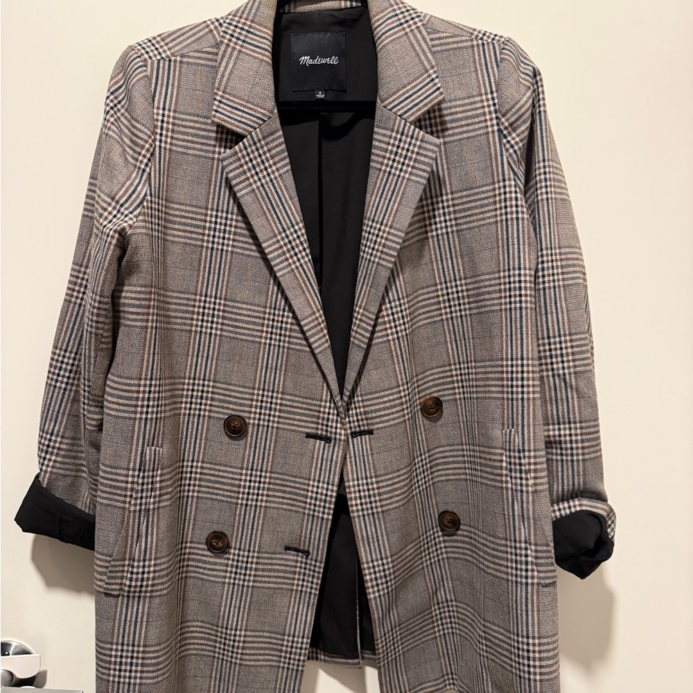 Madewell Women's Plaid Blazer in Greg with blue and white texture